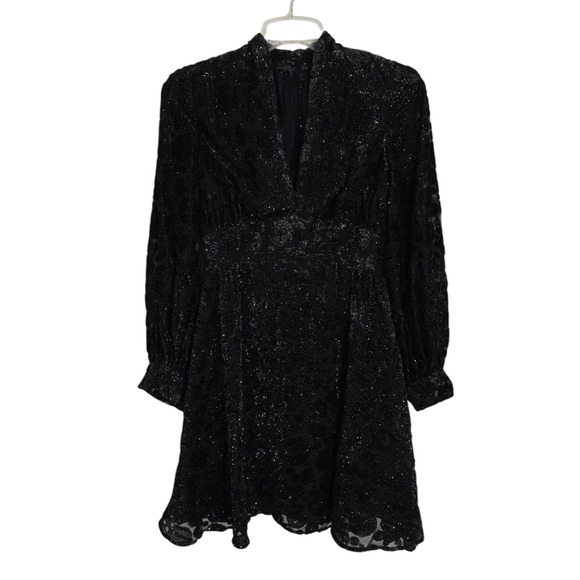 Jayna Vtg  Black Metallic Deep V Neck Party Dress Brocade Bishop Sleeve Size S - Picture 2 of 13